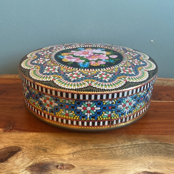 Vintage Other - VTG Enamel English round colorful floral tin. Storage cottagecore shabby chic